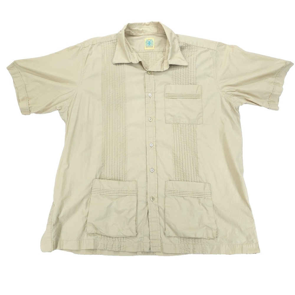Dos Carolinas Shirt Mens XXL Brown 3 Pocket Pleated Guayabera Resort Wear Latin